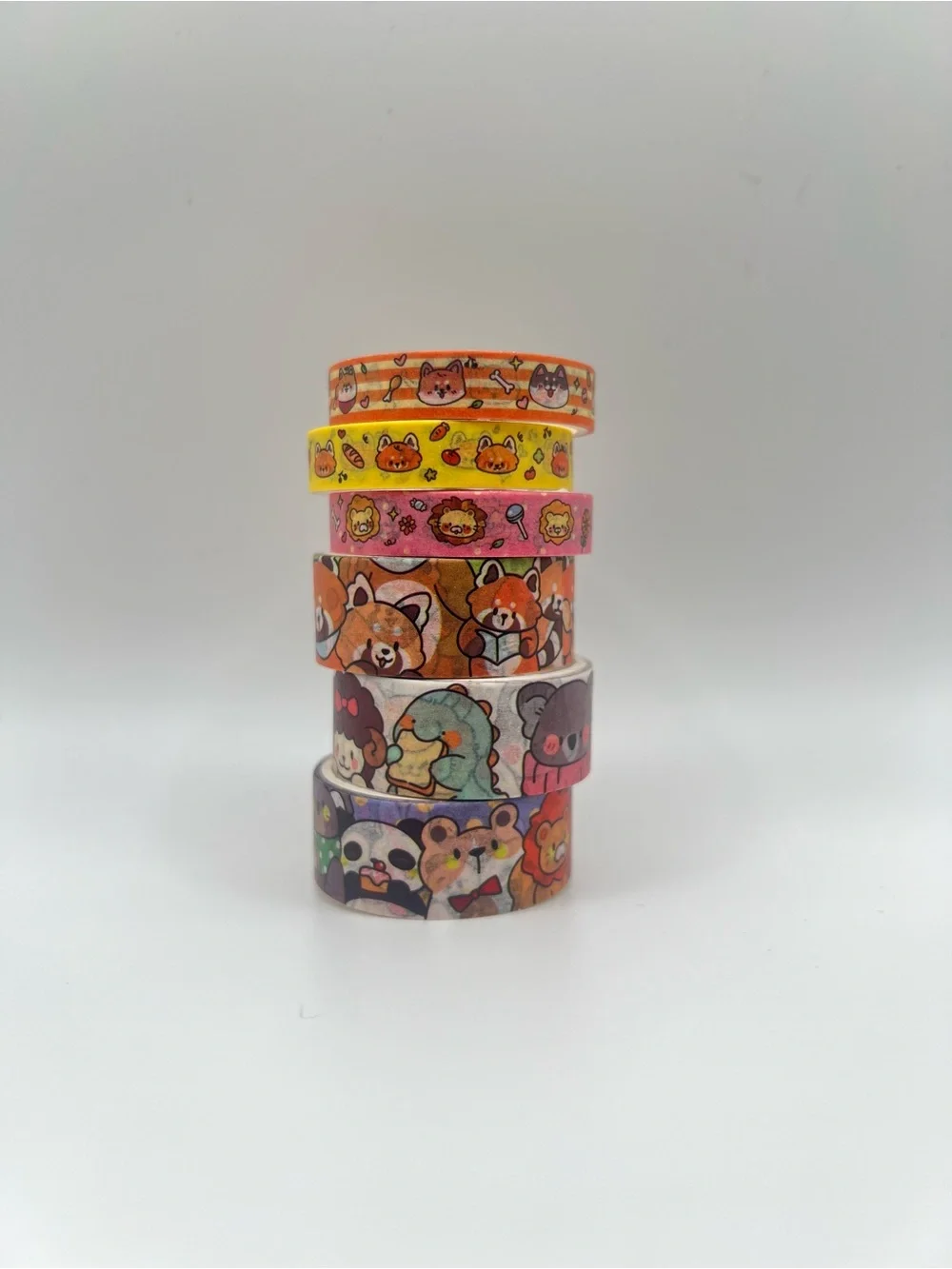 Six Cute Animal Pattern Washi Tape Stack Set 4- Orange, Yellow, Pink, Multicolor